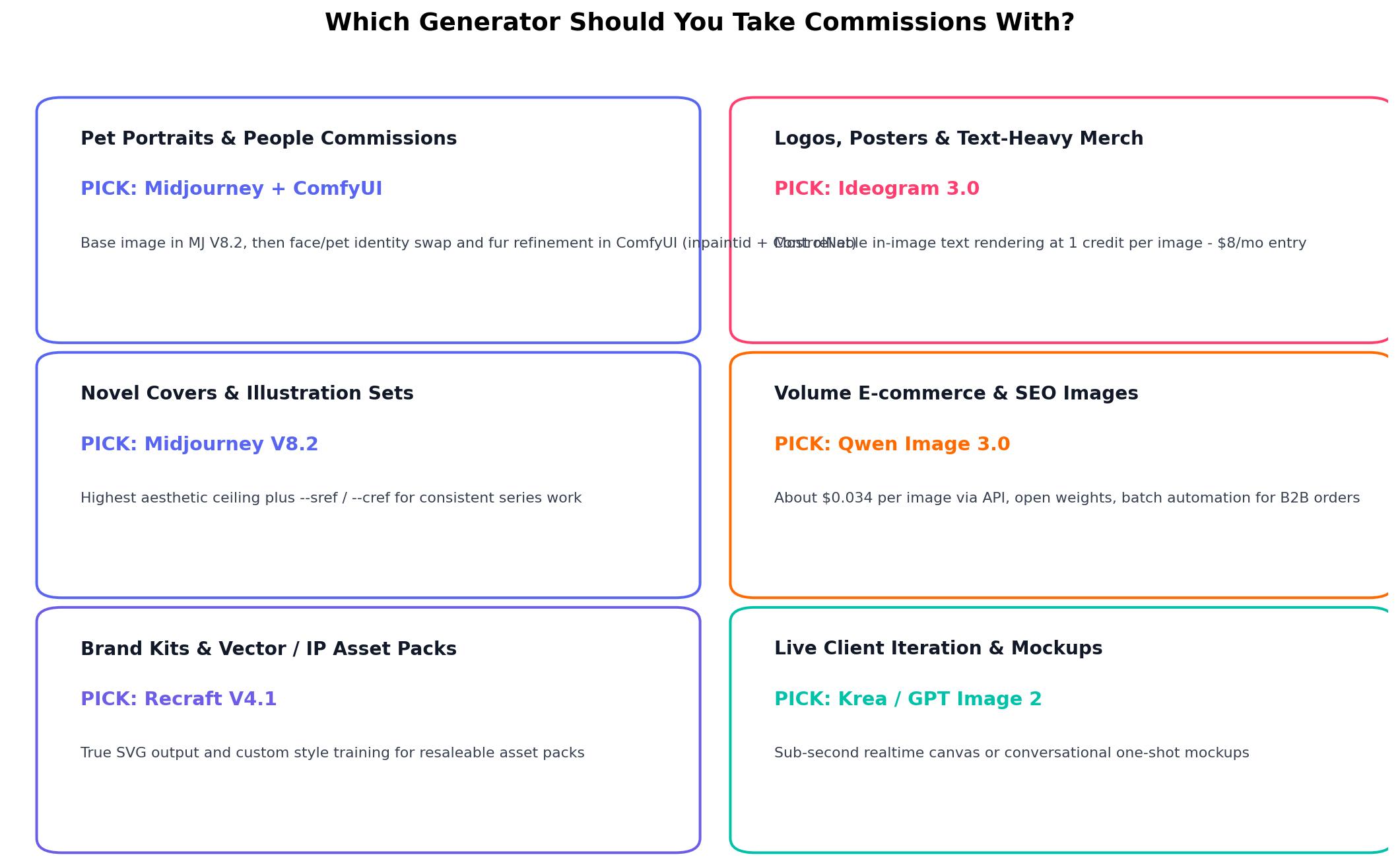 Decision matrix matching six commission job types to recommended tools