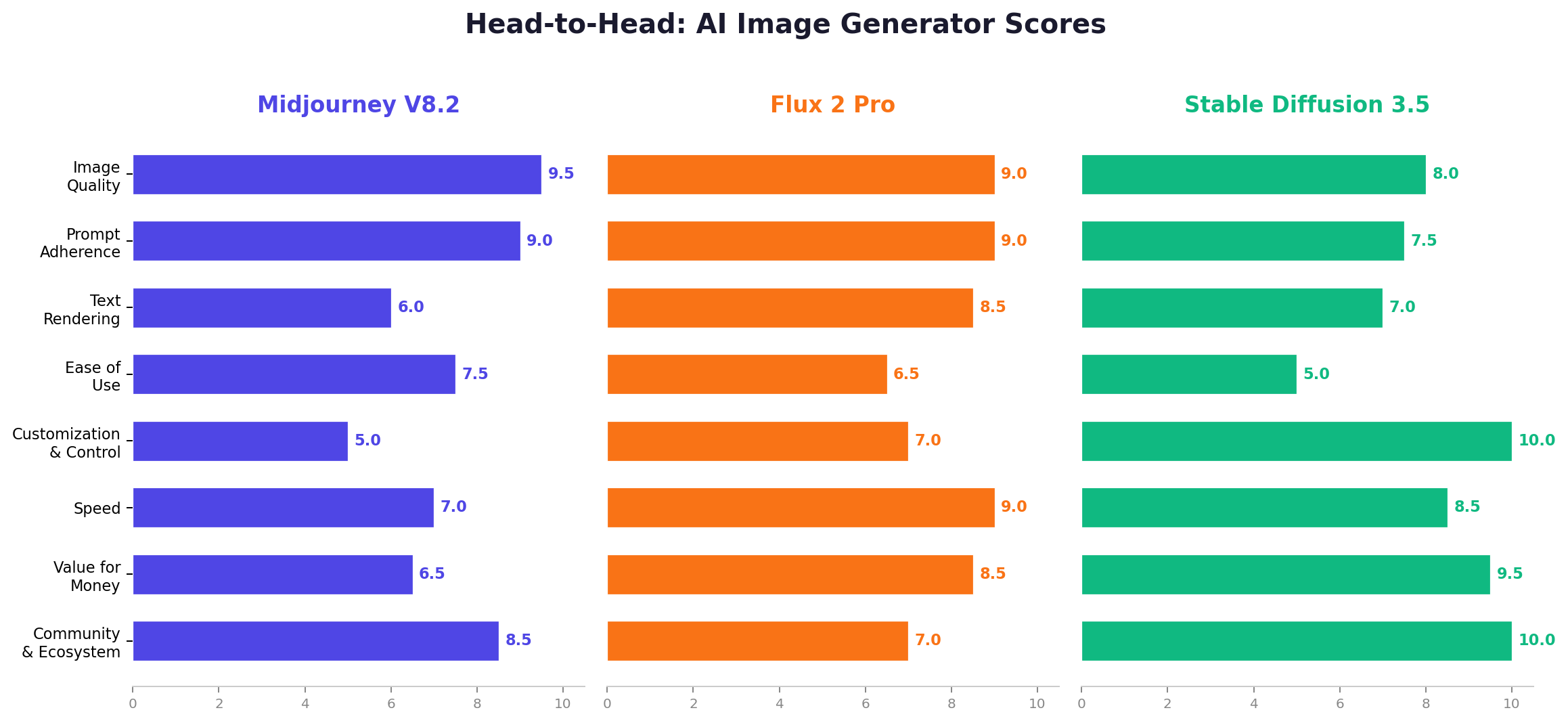 Midjourney vs Flux vs Stable Diffusion head-to-head scoring across 8 dimensions