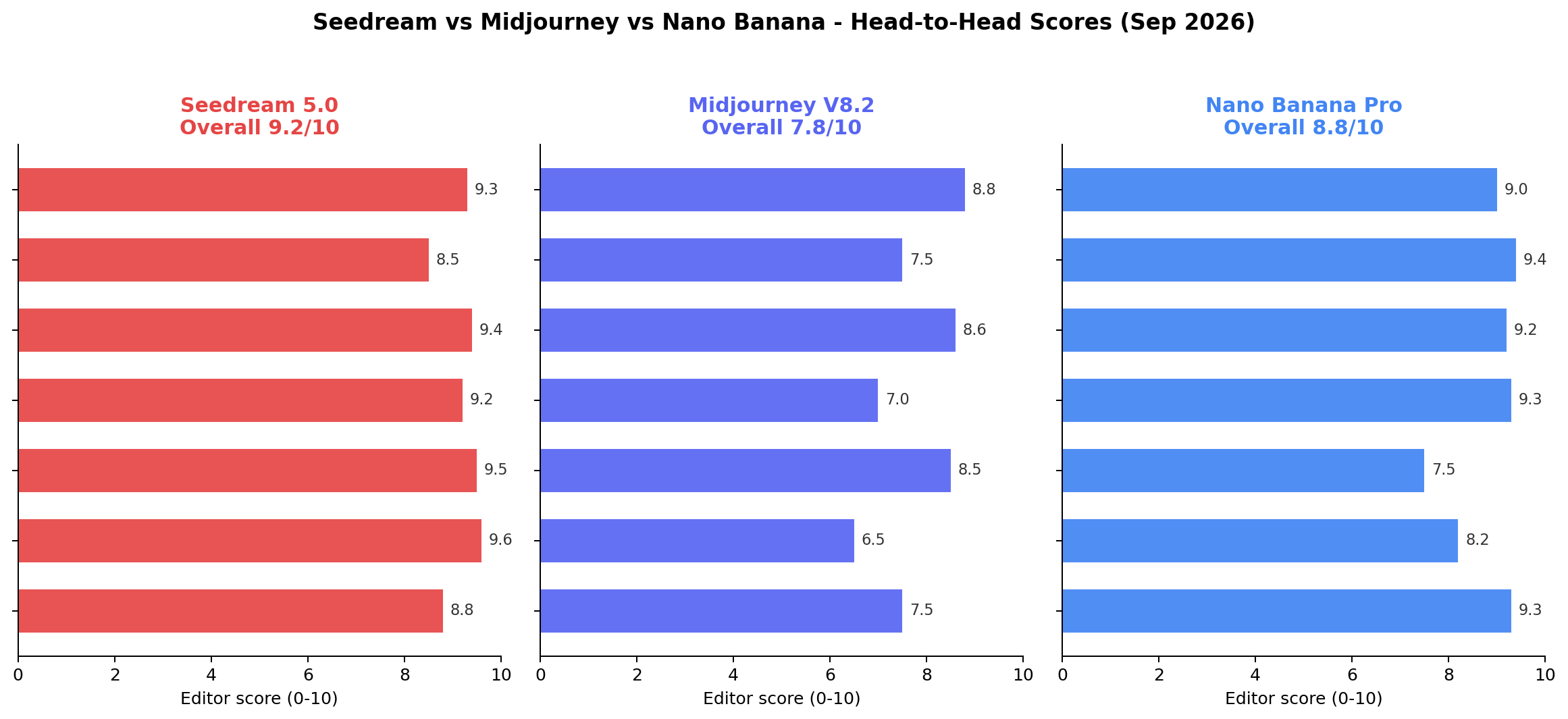Seedream vs Midjourney vs Nano Banana head-to-head scores across 7 dimensions - Seedream 9.2, Nano Banana Pro 8.8, Midjourney 7.8
